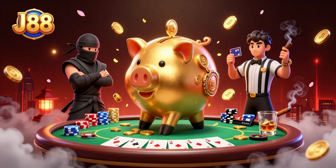 Engage with J88's dynamic casino scene showcasing a golden piggy bank sumo wrestler amid poker action.