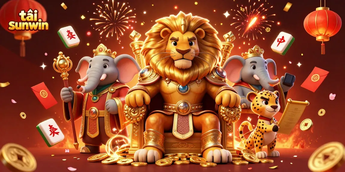 Engage with the exciting world of tải sunwin through a vibrant casino illustration featuring a lion king on a throne of gold.