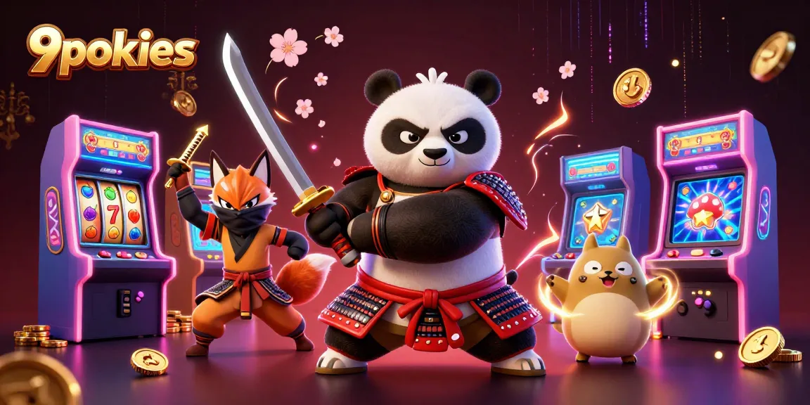 Engage with 9pokies in this vibrant scene featuring samurai panda and ninja fox among colorful slots.
