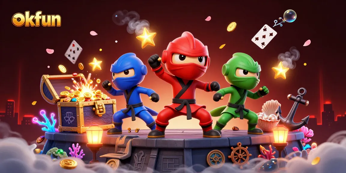 Engage with okfun's colorful casino-themed artwork featuring playful characters and dynamic game elements.