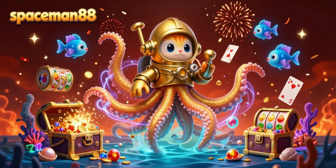 Experience the thrill of gaming with spaceman88 as the kraken emerges between slot reels and treasure.