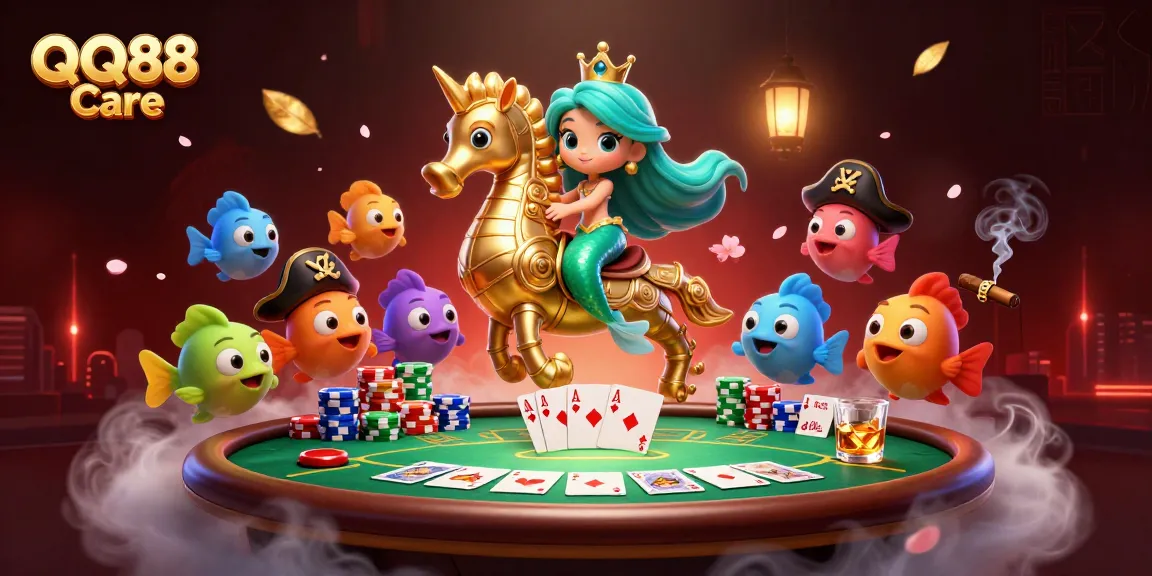 Experience thrilling online gaming with QQ88 Care, featuring a mermaid princess in a vibrant casino setting.