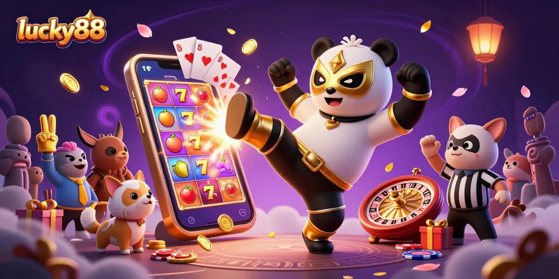 Experience the excitement of lucky88 as the panda wrestler performs a flying kick among casino elements.