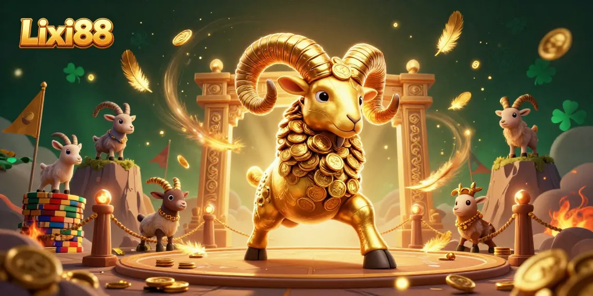 Lixi88 players enjoy thrilling casino games with a golden ram charging through a sparkling gambling arena.