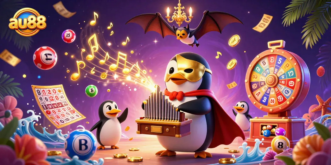 Experience thrilling gameplay at au88 with a lively 3D casino scene featuring a penguin playing a pipe organ and golden musical notes.
